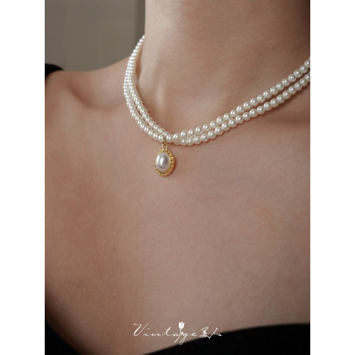 「伯利玆舞會」復古法式高級感優雅氣質赫本風雙層珍珠項鍊鎖骨鍊