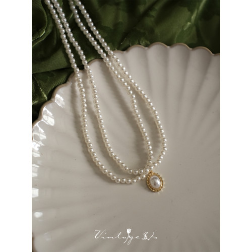 「伯利玆舞會」復古法式高級感優雅氣質赫本風雙層珍珠項鍊鎖骨鍊