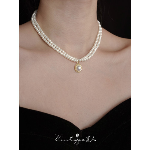 「伯利玆舞會」復古法式高級感優雅氣質赫本風雙層珍珠項鍊鎖骨鍊