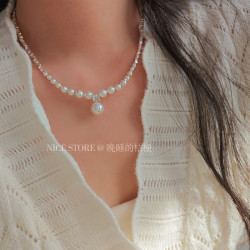 晚睡的桔梗「白霜勝雪」施家碎銀子金屬高級感珍珠項鍊鑲鑽鎖骨鍊