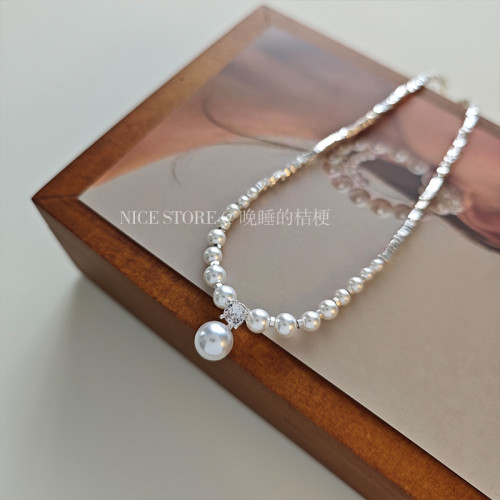 晚睡的桔梗「白霜勝雪」施家碎銀子金屬高級感珍珠項鍊鑲鑽鎖骨鍊