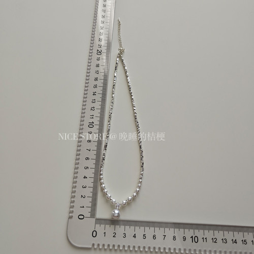 晚睡的桔梗「白霜勝雪」施家碎銀子金屬高級感珍珠項鍊鑲鑽鎖骨鍊