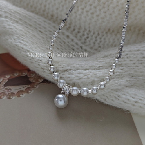 晚睡的桔梗「白霜勝雪」施家碎銀子金屬高級感珍珠項鍊鑲鑽鎖骨鍊