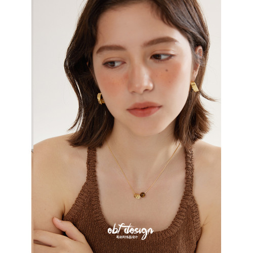 EBFWIND 烏木堅果 法式極簡浪漫幾何虎眼石復古高級感美拉德項鍊