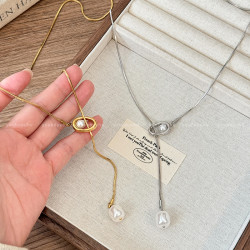 鈦鋼不掉色金色珍珠項鍊女高級感輕奢氣質長款毛衣鏈秋冬復古配飾