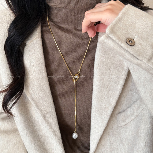 鈦鋼不掉色金色珍珠項鍊女高級感輕奢氣質長款毛衣鏈秋冬復古配飾 鈦鋼不掉色金色珍珠項鍊女高級感輕奢氣質長款毛衣鏈秋冬復古配飾