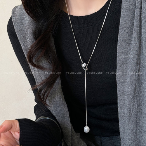 鈦鋼不掉色金色珍珠項鍊女高級感輕奢氣質長款毛衣鏈秋冬復古配飾 鈦鋼不掉色金色珍珠項鍊女高級感輕奢氣質長款毛衣鏈秋冬復古配飾