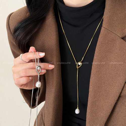 鈦鋼不掉色金色珍珠項鍊女高級感輕奢氣質長款毛衣鏈秋冬復古配飾 鈦鋼不掉色金色珍珠項鍊女高級感輕奢氣質長款毛衣鏈秋冬復古配飾