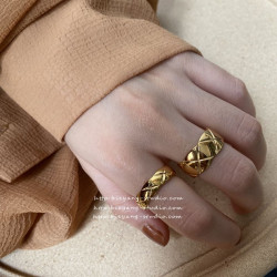 ins博主同款金色時髦指環復古小衆菱形格子chic時尚百搭戒指