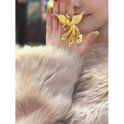 「鳳舞九天」鳳舞九天戒指古法金色鳳凰輕奢婚嫁開口食指戒