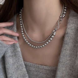 雙層曡戴灰色珍珠項鍊女秋冬氣質毛衣鏈2025新款爆款小衆設計頸鏈