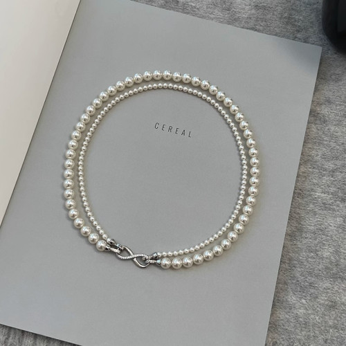 雙層曡戴灰色珍珠項鍊女秋冬氣質毛衣鏈2025新款爆款小衆設計頸鏈