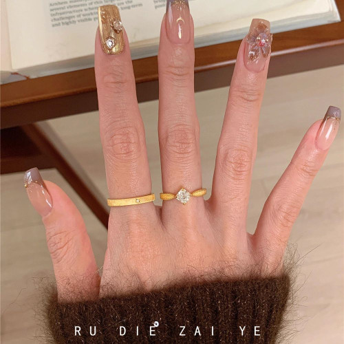 如蝶在野 中古vintage拉絲方糖鋯石戒指女高級感輕奢小衆開口戒