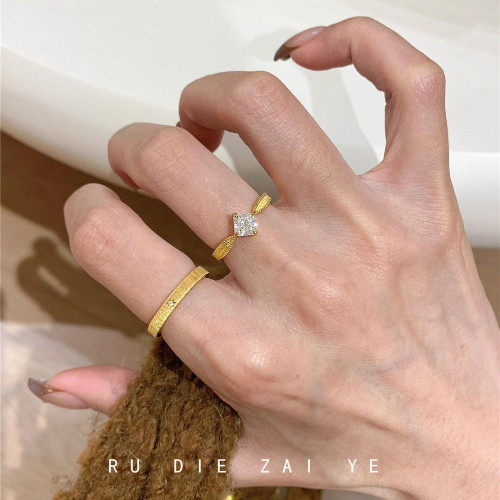 如蝶在野 中古vintage拉絲方糖鋯石戒指女高級感輕奢小衆開口戒