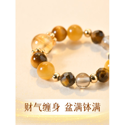 普陀山金霸大綜合水晶戒指女款招財暴富黃塔晶虎眼石指環情侶禮物