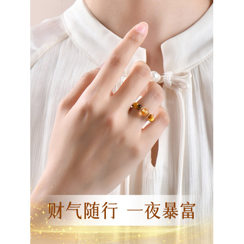 普陀山金霸大綜合水晶戒指女款招財暴富黃塔晶虎眼石指環情侶禮物