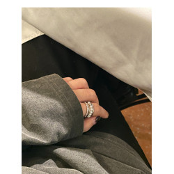 NOIR別針寶石珍珠戒指 雙層纏繞開口重工設計小衆不褪色