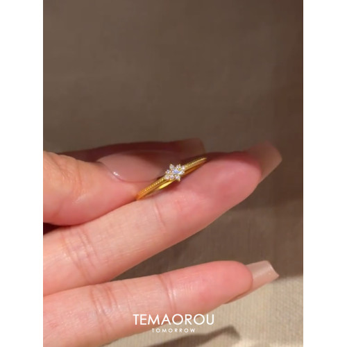 vintage中古mini閃鑽雪花細款金戒指女拉絲工藝食指戒開口指環