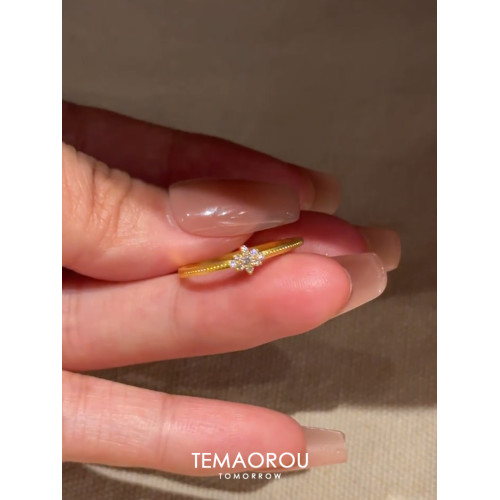 vintage中古mini閃鑽雪花細款金戒指女拉絲工藝食指戒開口指環