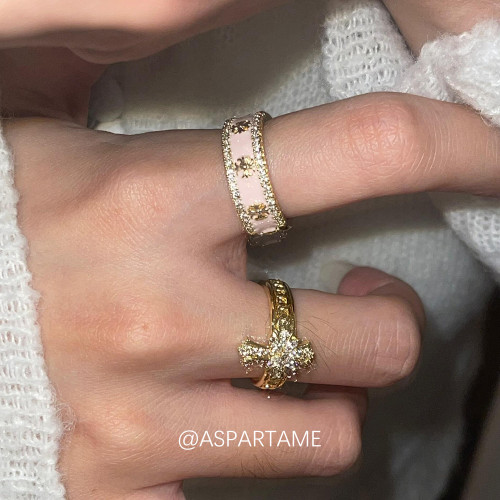 阿斯巴甜 美式辣妹粉色十字架鑲鑽戒指女小衆設計高級感食指戒