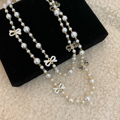 小香風蝴蝶結珍珠項鍊女輕奢高級感長款毛衣鏈千金風氣質頸鏈配飾