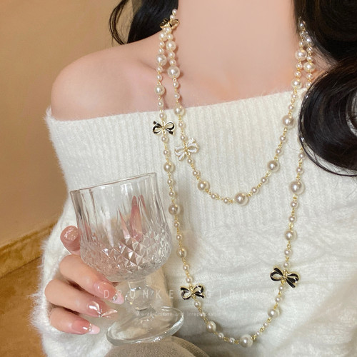 小香風蝴蝶結珍珠項鍊女輕奢高級感長款毛衣鏈千金風氣質頸鏈配飾