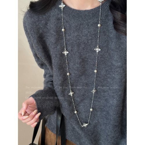 法式鳶尾花珍珠項鍊女款輕奢氣質毛衣鏈小衆精緻設計高級感配飾品