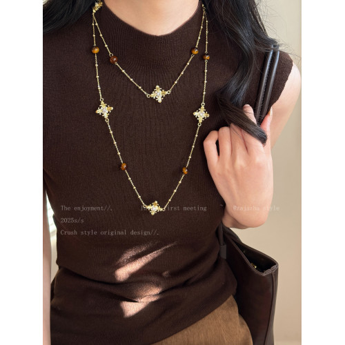 法式鳶尾花珍珠項鍊女款輕奢氣質毛衣鏈小衆精緻設計高級感配飾品