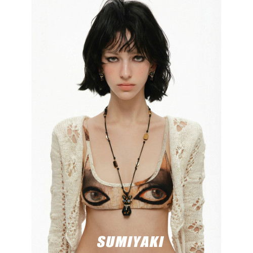 SUMIYAKI 生命之瞳法老埃及貓毛衣鏈 貓咪安卡虎眼石手工串珠項鍊