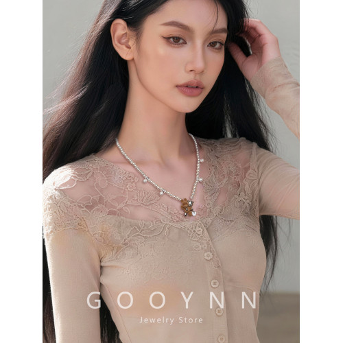 可愛毛絨兔子吊墜珍珠項鍊配飾女款高級感輕奢小衆長款鎖骨毛衣鏈