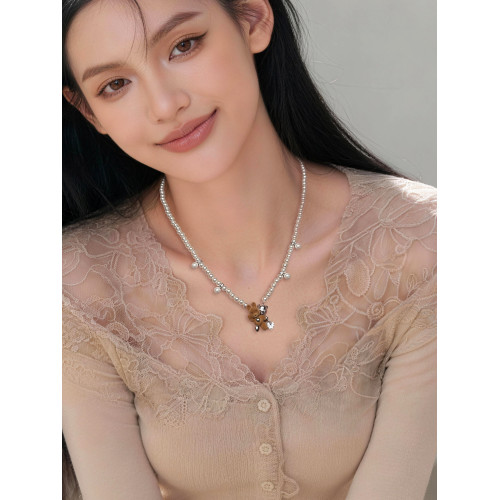 可愛毛絨兔子吊墜珍珠項鍊配飾女款高級感輕奢小衆長款鎖骨毛衣鏈