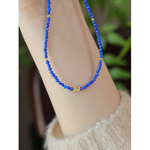 天然青金石鎖骨鍊素圈2mm小米珠項鍊簡約大方新中式國風小衆設計