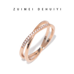 交叉戒指女時尚個性小衆設計交錯排鑽鈦鋼玫瑰金高級食指中指指環