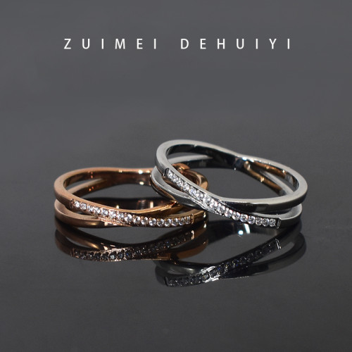 交叉戒指女時尚個性小衆設計交錯排鑽鈦鋼玫瑰金高級食指中指指環