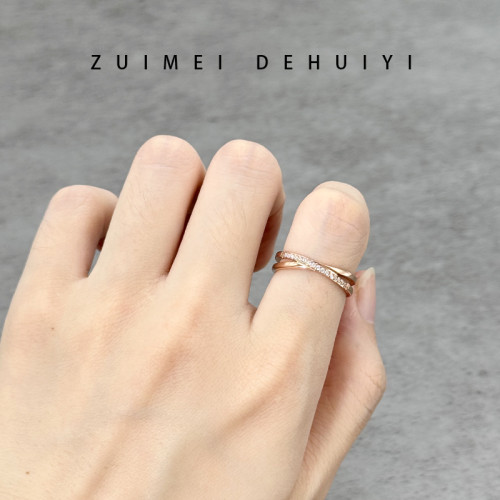 交叉戒指女時尚個性小衆設計交錯排鑽鈦鋼玫瑰金高級食指中指指環