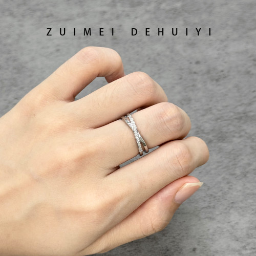 交叉戒指女時尚個性小衆設計交錯排鑽鈦鋼玫瑰金高級食指中指指環