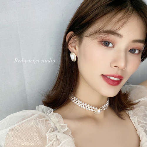 紅口袋法式復古珍珠項鍊頸鏈新娘配飾婚紗飾品小衆輕奢禮服choker