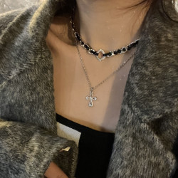 小衆設計十字架雙層曡戴項鍊女甜酷風皮質編織項圈個性鎖骨鍊頸鏈