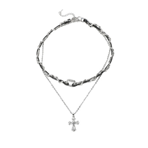 小衆設計十字架雙層曡戴項鍊女甜酷風皮質編織項圈個性鎖骨鍊頸鏈 小衆設計十字架雙層曡戴項鍊女甜酷風皮質編織項圈個性鎖骨鍊頸鏈