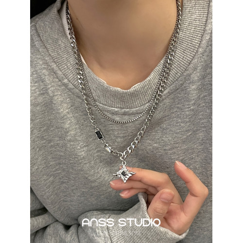【ANSS】王嘉爾同款 嘻哈風男女鈦鋼芒星雙層項鍊 百搭衛衣鏈酷