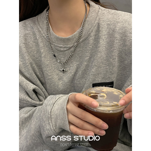 【ANSS】王嘉爾同款 嘻哈風男女鈦鋼芒星雙層項鍊 百搭衛衣鏈酷