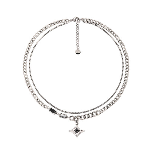 【ANSS】王嘉爾同款 嘻哈風男女鈦鋼芒星雙層項鍊 百搭衛衣鏈酷