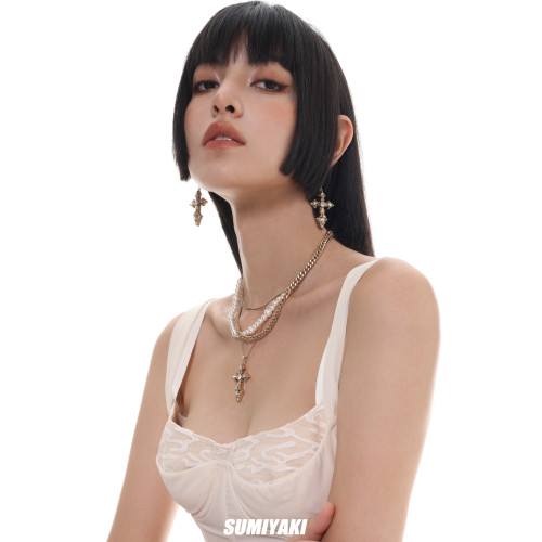【明星同款】SUMIYAKI 美式巴洛克珍珠十字架項鍊高級曡帶毛衣鏈