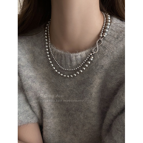 施家真多麻灰色雙層曡戴項鍊女輕奢氣質可拆分春秋毛衣鏈小衆頸鏈