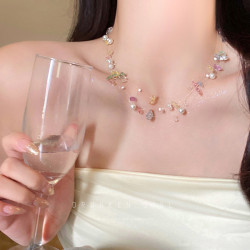 彩色串珠珍珠項鍊女天然石雙層曡戴頸鏈配飾小衆設計高級感鎖骨鍊