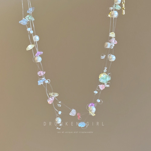 彩色串珠珍珠項鍊女天然石雙層曡戴頸鏈配飾小衆設計高級感鎖骨鍊