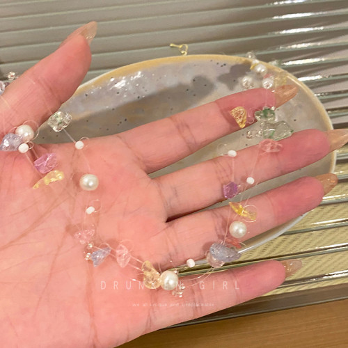 彩色串珠珍珠項鍊女天然石雙層曡戴頸鏈配飾小衆設計高級感鎖骨鍊