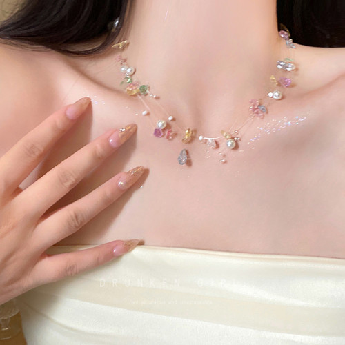 彩色串珠珍珠項鍊女天然石雙層曡戴頸鏈配飾小衆設計高級感鎖骨鍊