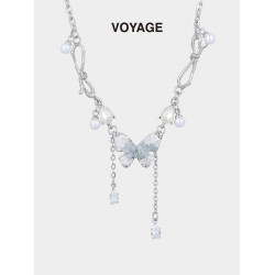 碎冰藍鋯石蝴蝶流蘇吊墜項鍊配飾女輕奢小衆夏天高級感甜酷鎖骨鍊