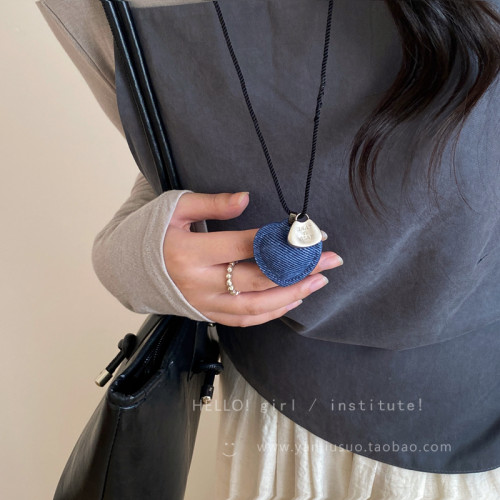 布藝愛心銀色吊墜項鍊女長款掛脖毛衣鏈輕奢高級感簡約百搭配飾品